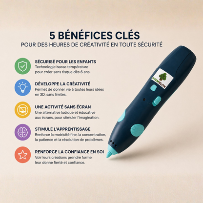 Stylo 3D STEMBLOX pour enfant avec 5 bénéfices : créativité, activité sans écran, apprentissage et confiance en soi